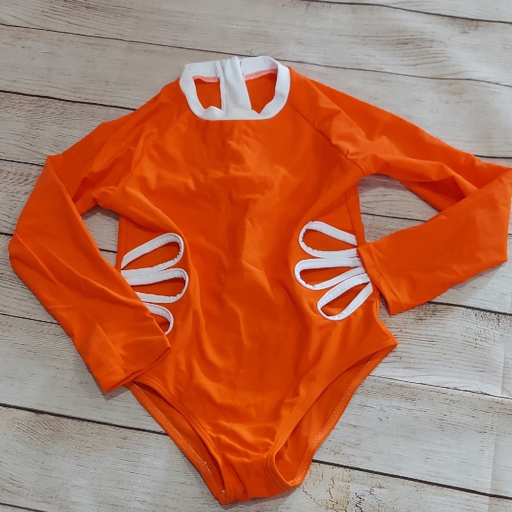 SHEIN Kids Orange and White Long Sleeve Swimsuit